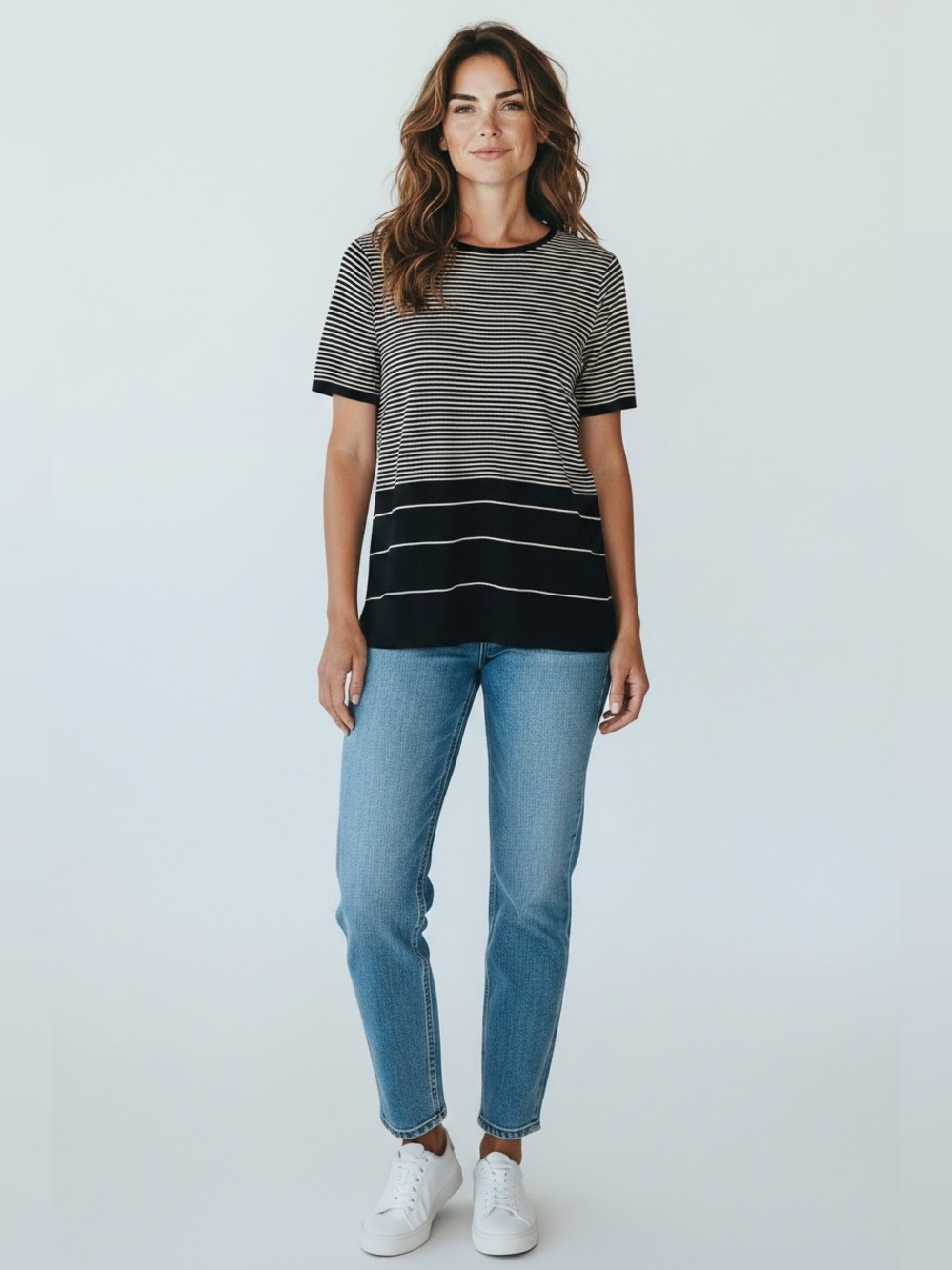 Exclusively Misook Short Sleeve Striped Tunic // Black & White // XS